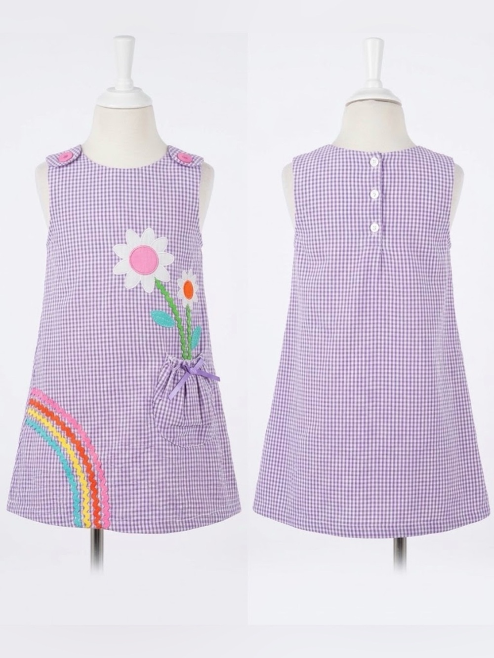 Blueberi Boulevard Lavender Gingham Daisy & Rainbow Pocket Shift Dress